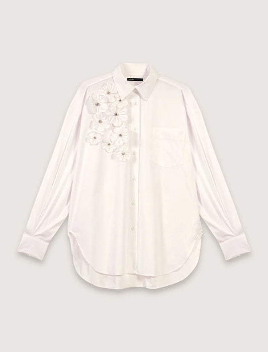 White-Long Shirt With Embroidered Flowers