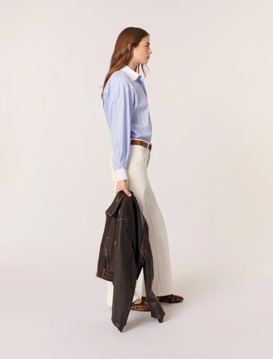 Light Blue Stripes-Striped Shirt With Beaded Collar