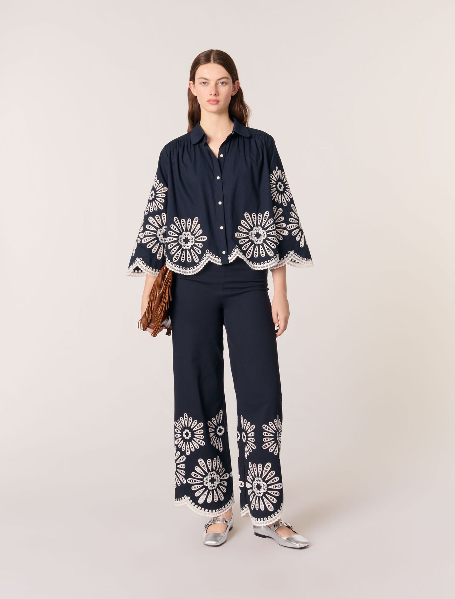 Navy-featured-Cropped shirt with crochet detail