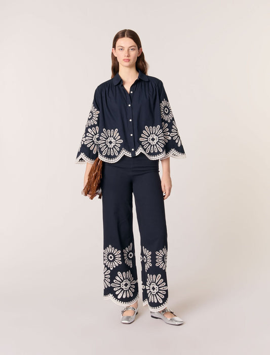Navy-featured-Cropped shirt with crochet detail