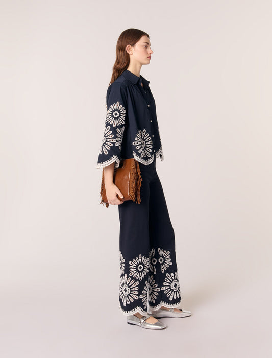 Navy-Cropped shirt with crochet detail