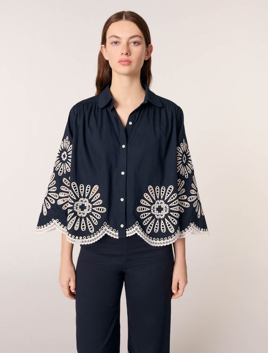 Navy-Cropped shirt with crochet detail