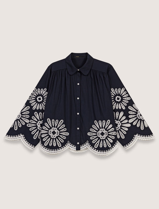 Navy-Cropped shirt with crochet detail