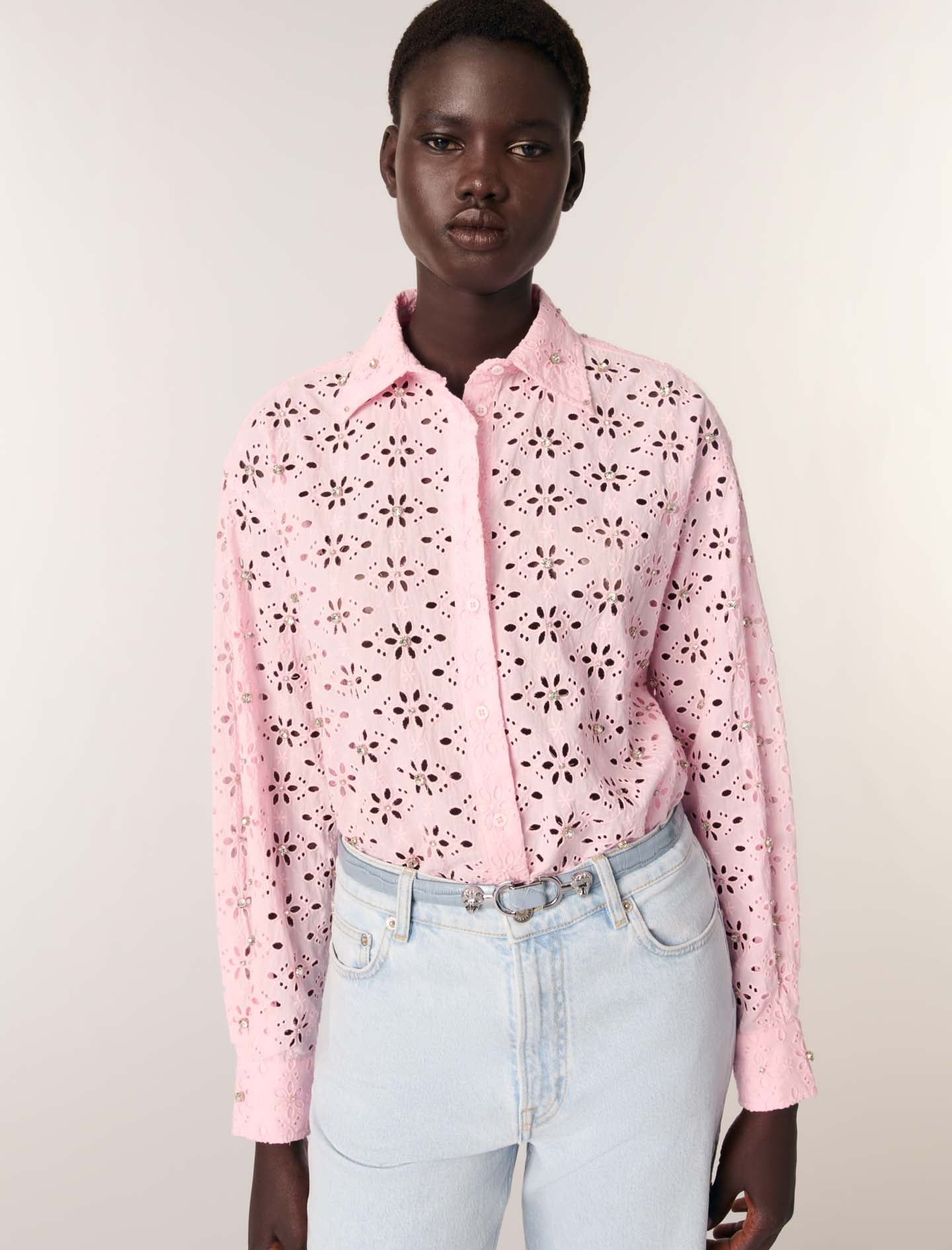 Pink-Embroidery and rhinestone shirt