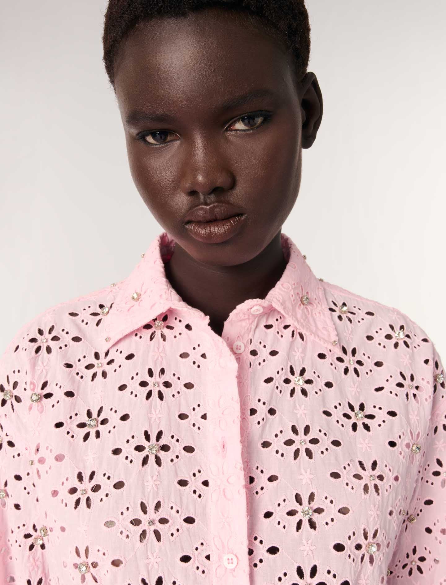 Pink-Embroidery and rhinestone shirt
