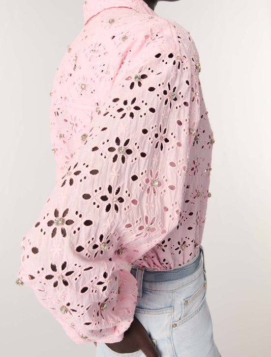 Pink-Embroidery and rhinestone shirt