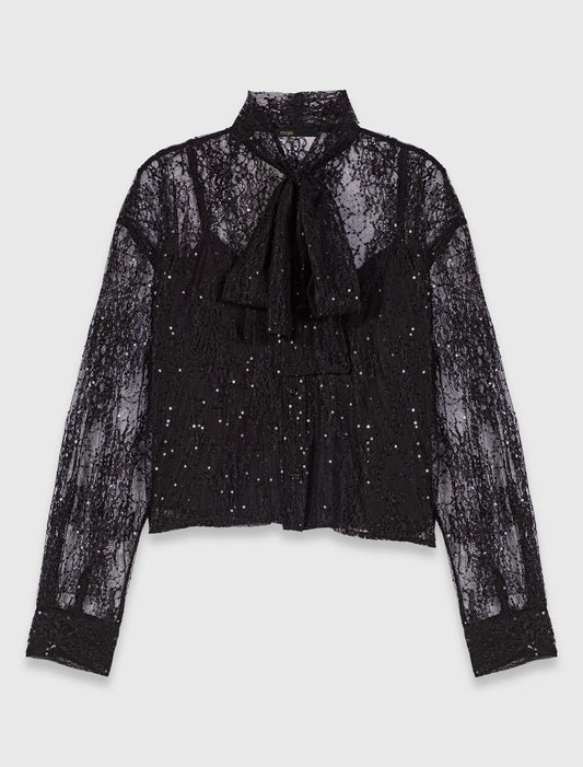 Lace pussy bow shirt Black