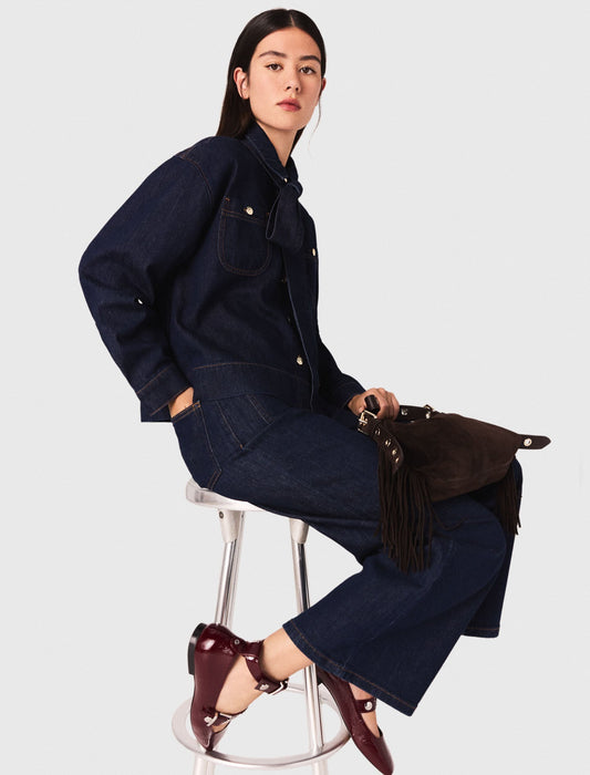 Denim shirt with pussy bow