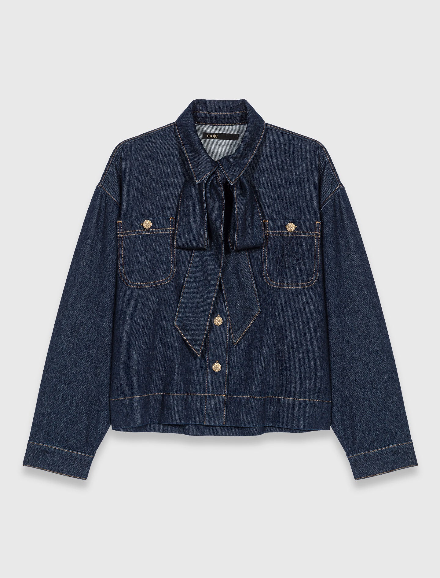 Denim shirt with pussy bow