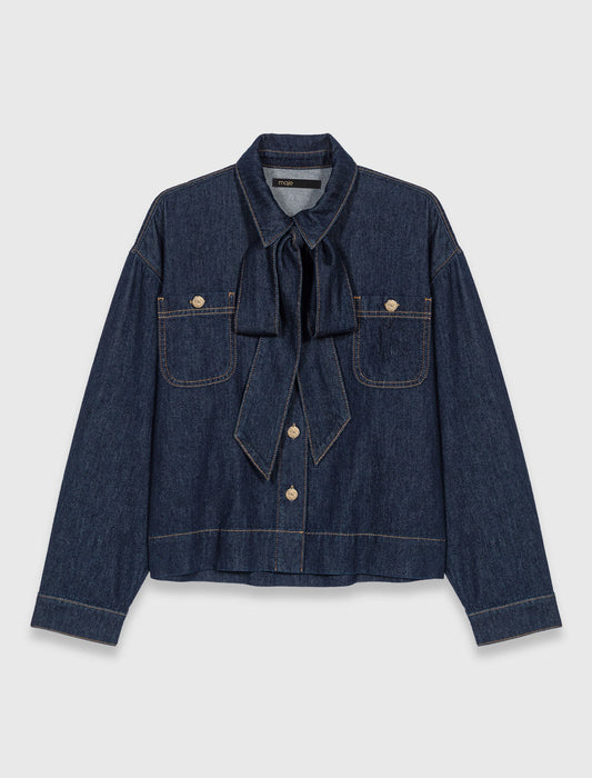 Denim shirt with pussy bow