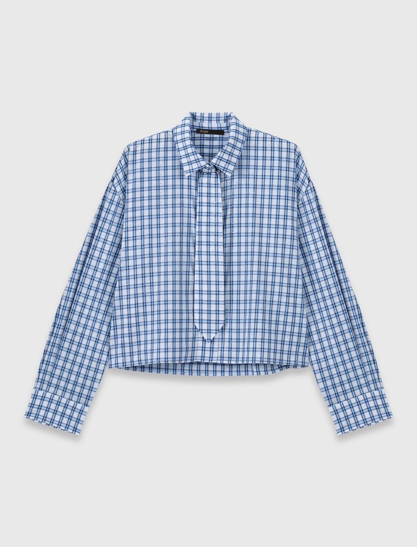Rhinestone Shirt With Removable Tie Blue Check Print BLUE CHECK PRINT