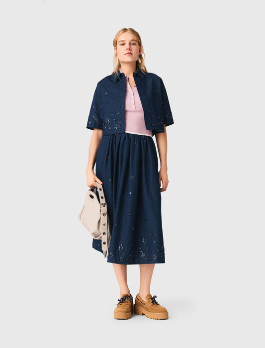 Embroidered Cropped Denim Shirt NAVY