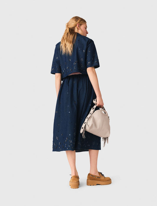 Embroidered Cropped Denim Shirt NAVY