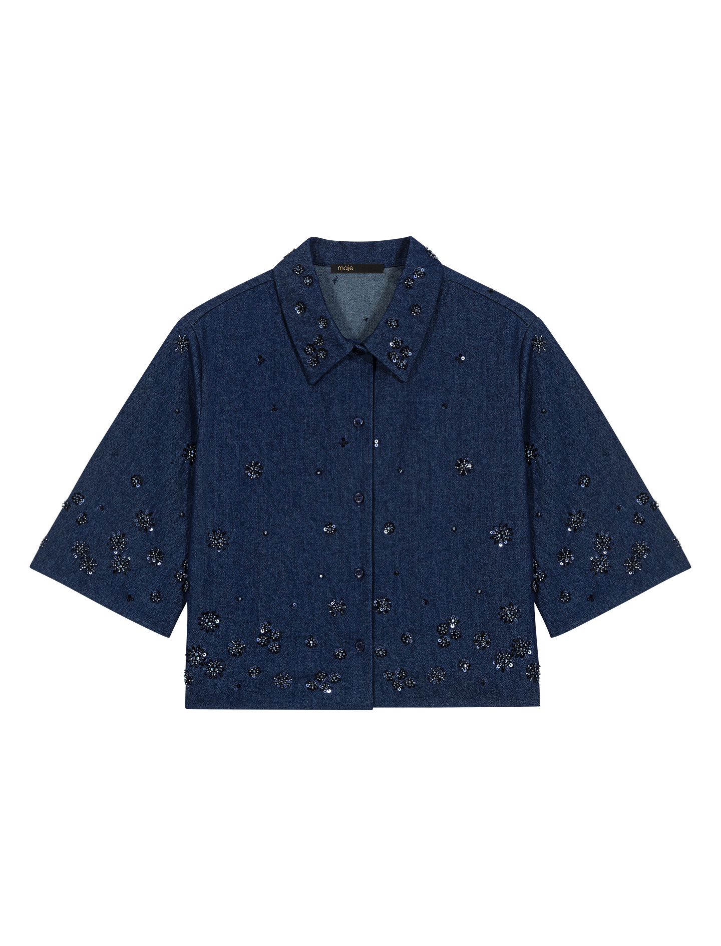 Embroidered Cropped Denim Shirt NAVY