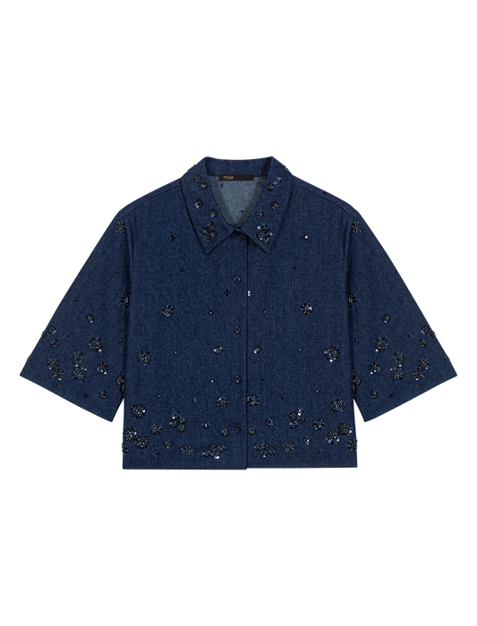 Embroidered Cropped Denim Shirt NAVY