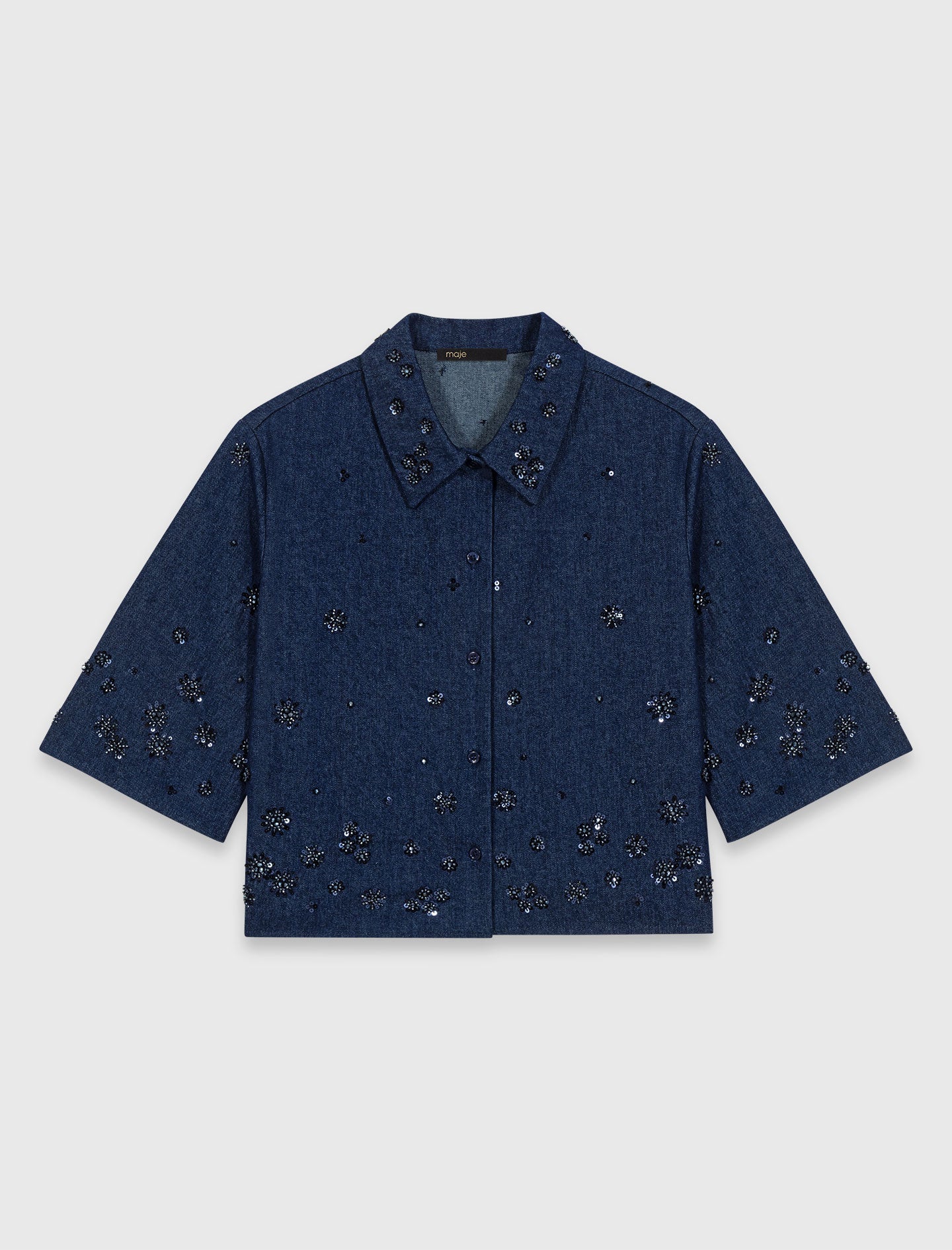 Embroidered Cropped Denim Shirt NAVY