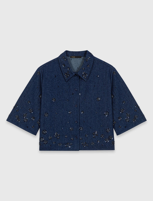 Embroidered Cropped Denim Shirt NAVY