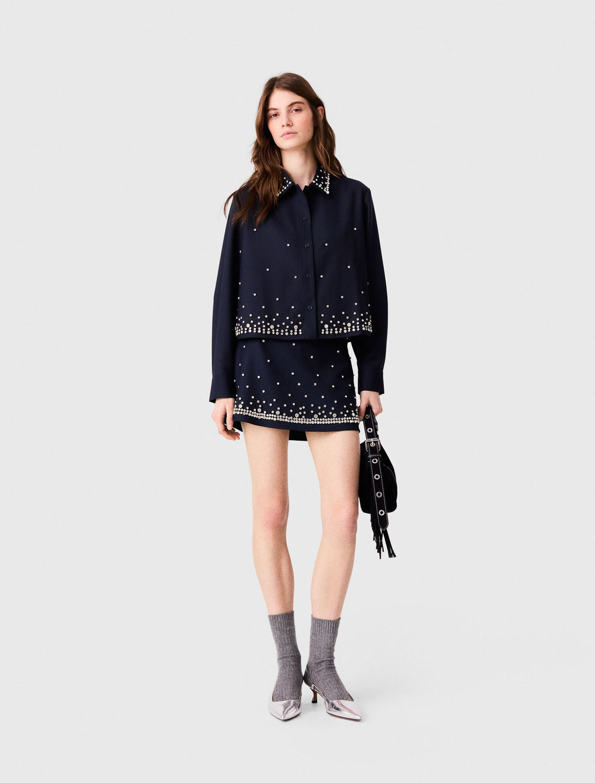 Short rhinestone embroidered shirt Navy