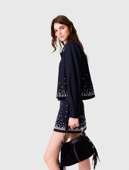 Short rhinestone embroidered shirt Navy