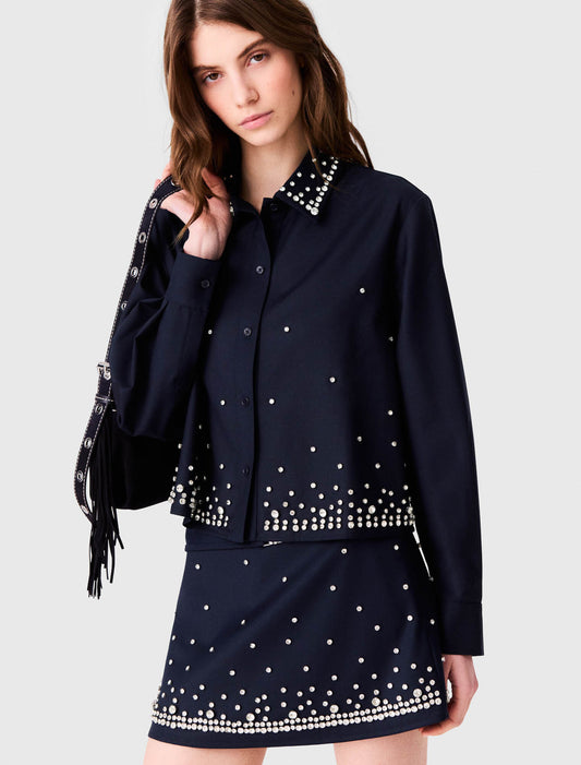 Short rhinestone embroidered shirt Navy