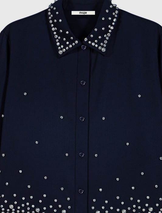 Short rhinestone embroidered shirt Navy