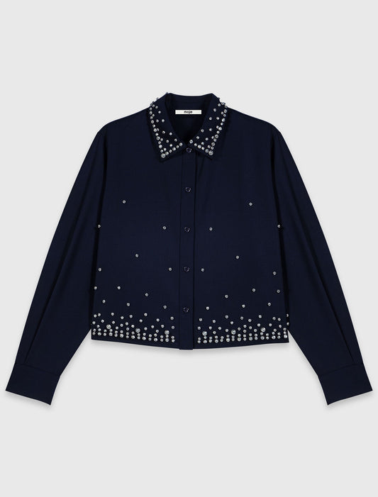 Short rhinestone embroidered shirt Navy