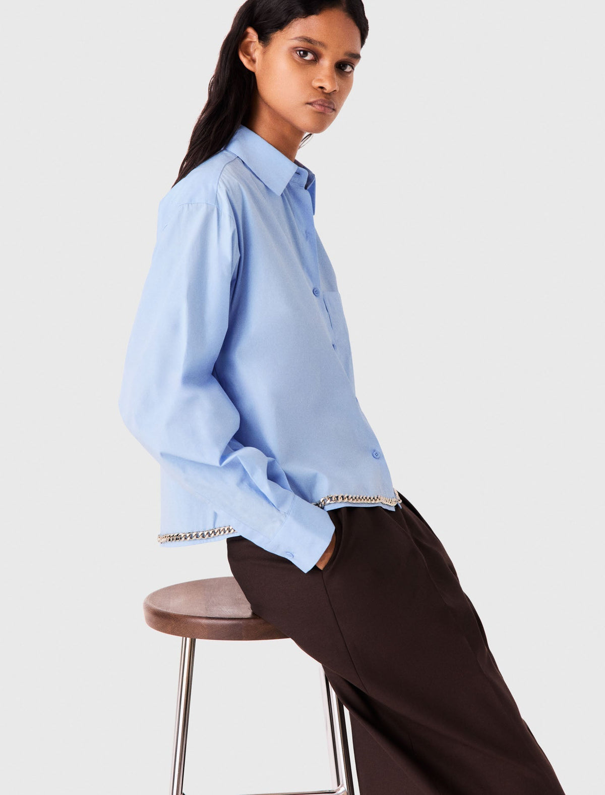 Cropped Shirt With Chain Trim Light Blue