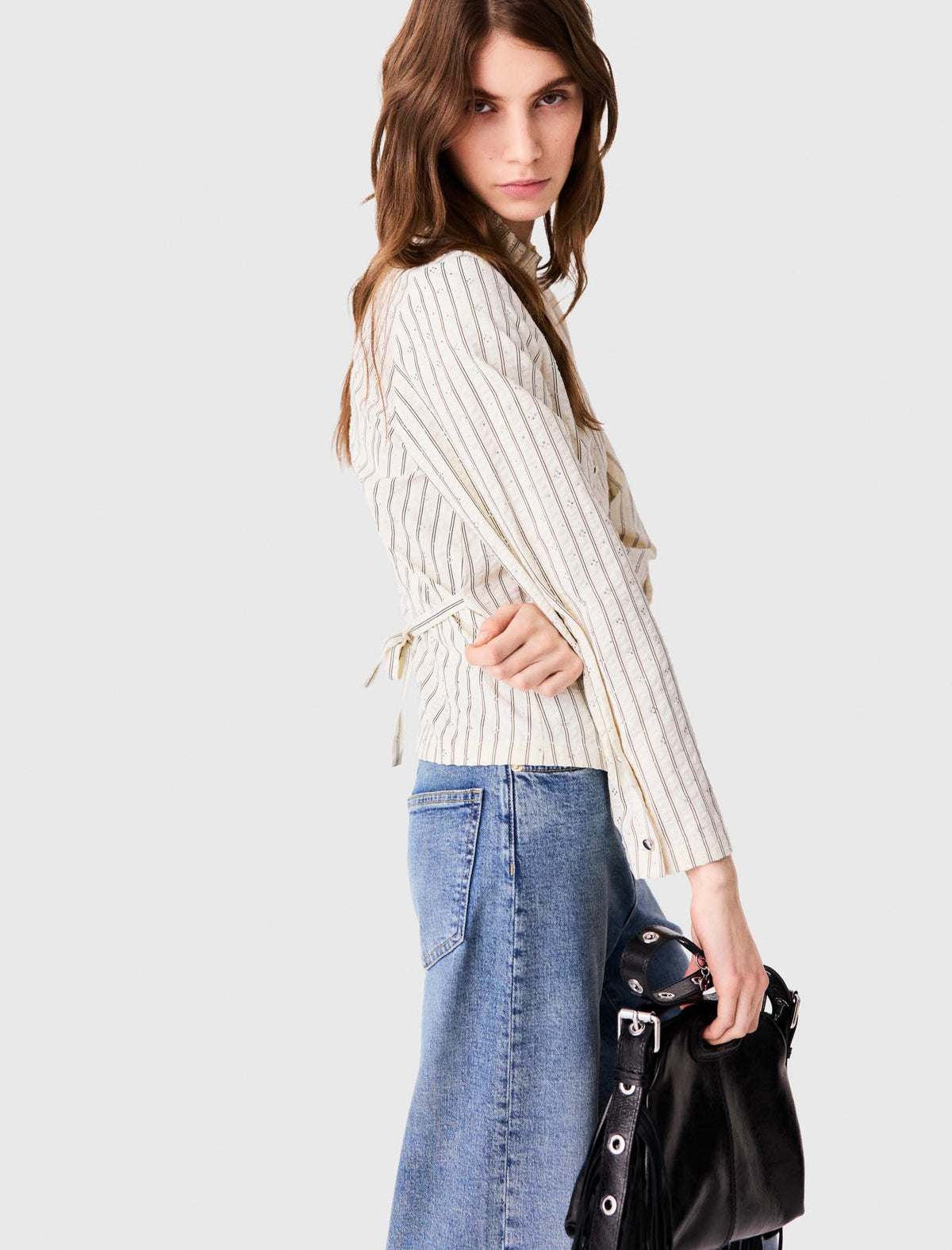 High-neck rhinestone shirt Ecru
