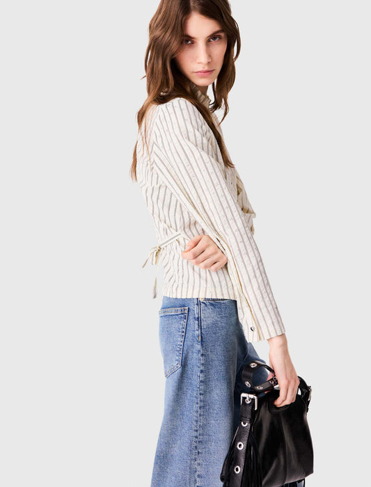 High-neck rhinestone shirt Ecru