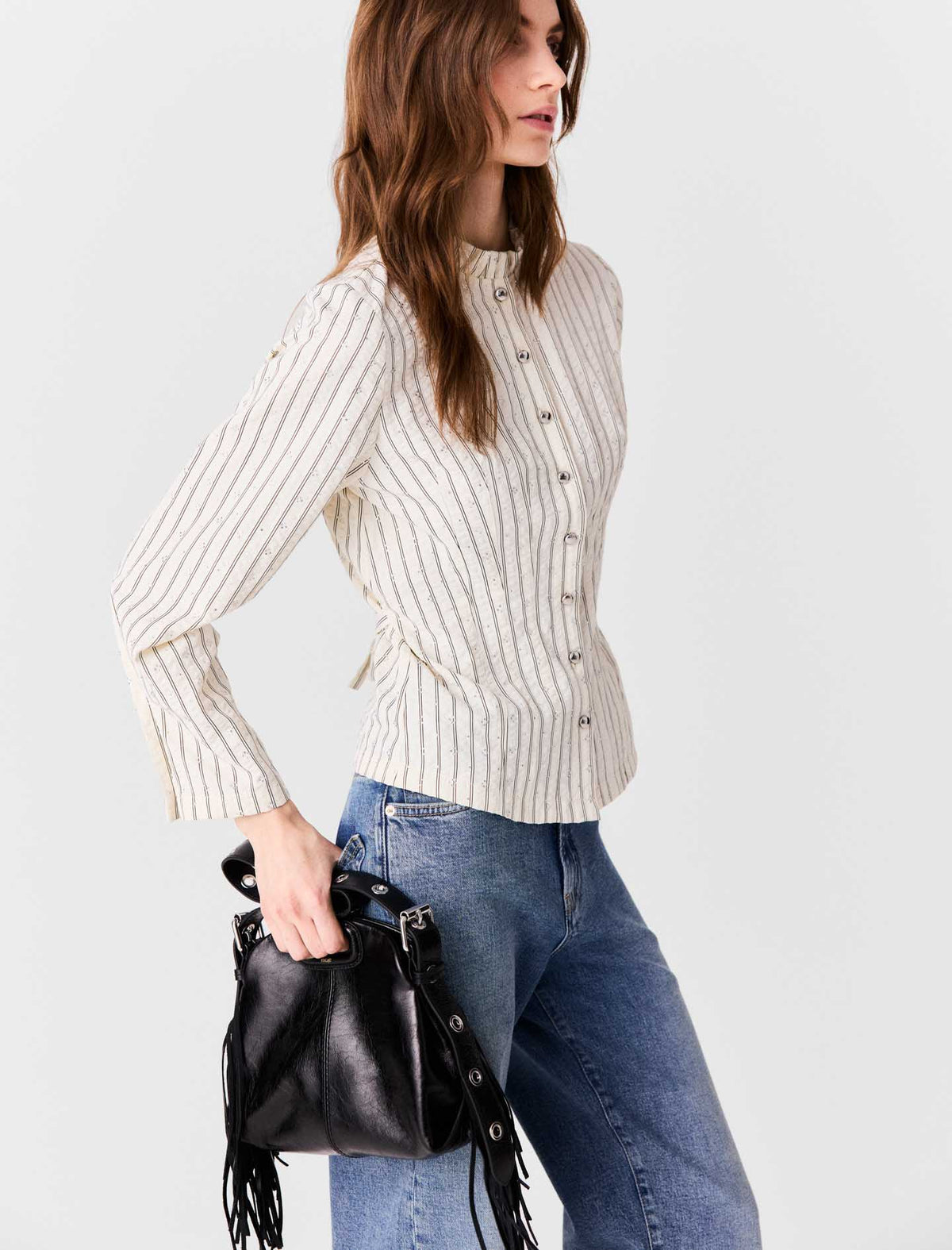 High-neck rhinestone shirt Ecru