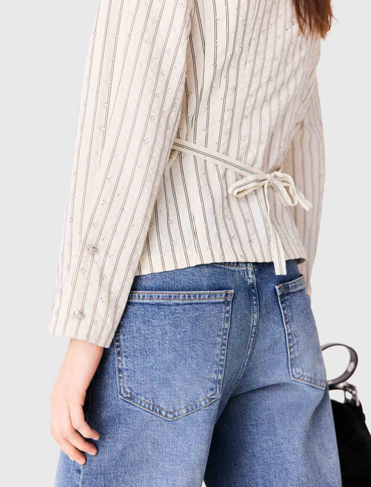 High-neck rhinestone shirt Ecru