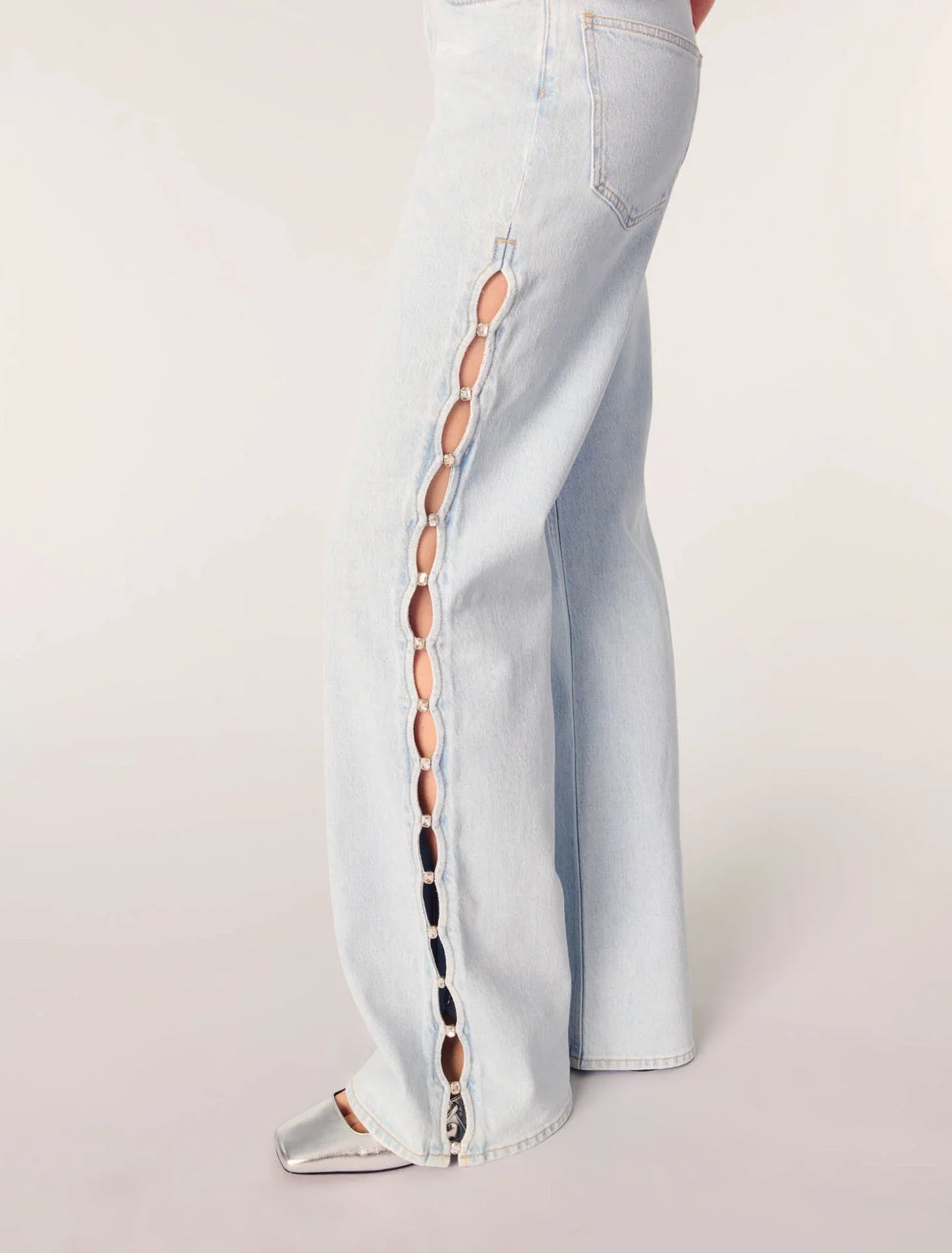 Blue Sky-Wide-Leg Rhinestone Cutaway Jeans