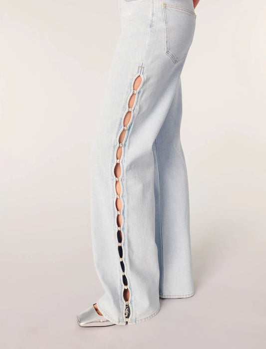 Blue Sky-Wide-Leg Rhinestone Cutaway Jeans