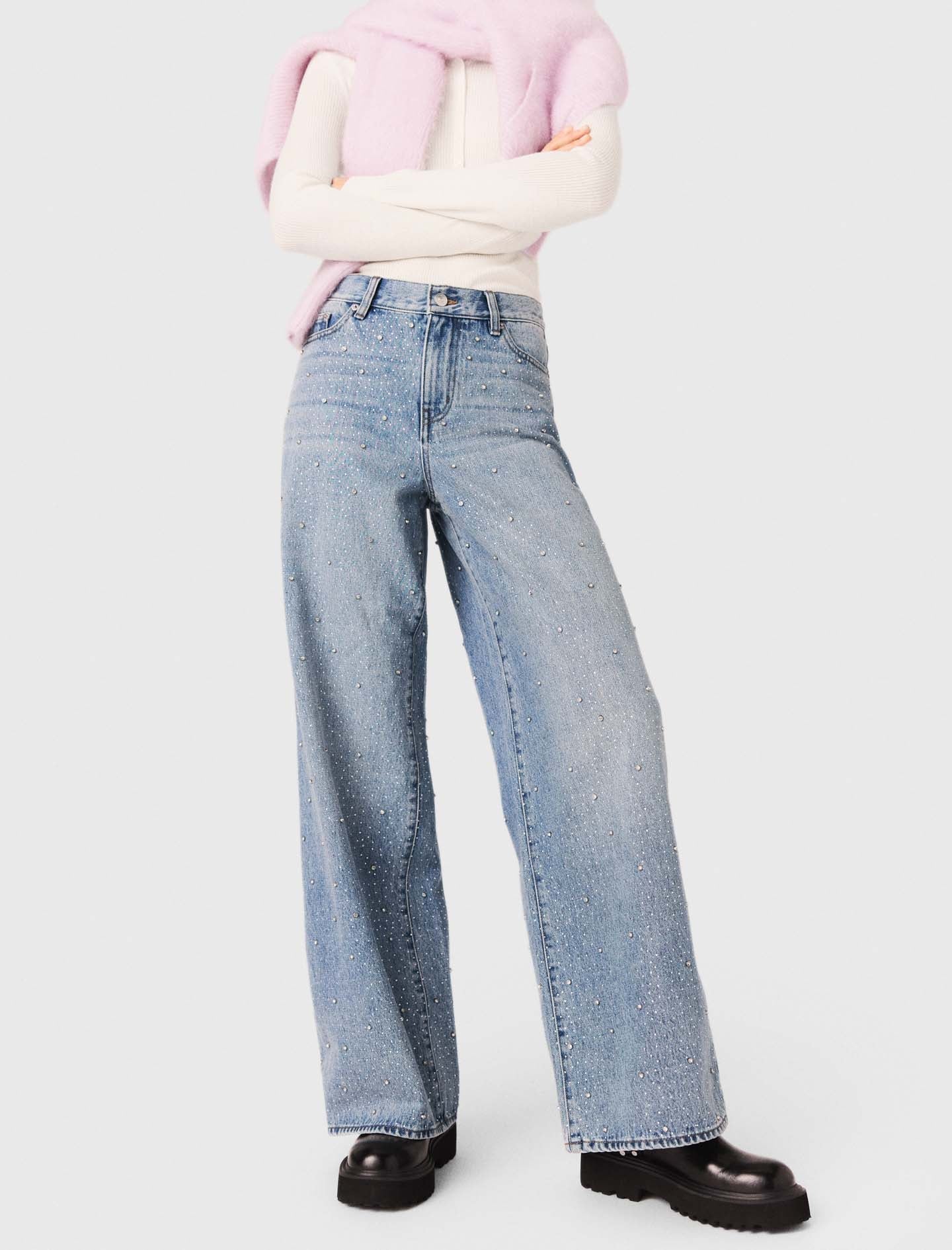 Wide-Leg All-Over Rhinestone Jeans BLUE