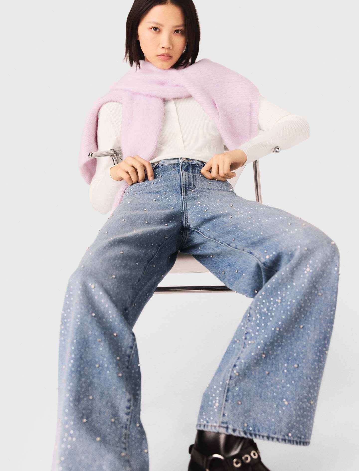 Wide-Leg All-Over Rhinestone Jeans BLUE