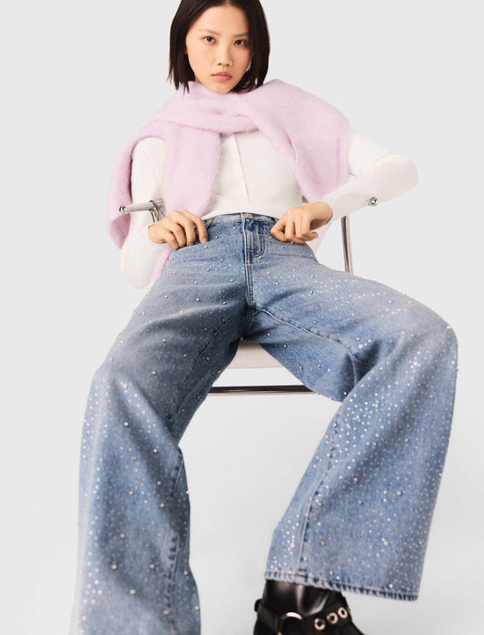 Wide-Leg All-Over Rhinestone Jeans BLUE