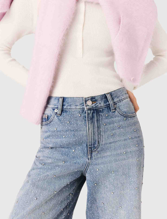 Wide-Leg All-Over Rhinestone Jeans BLUE