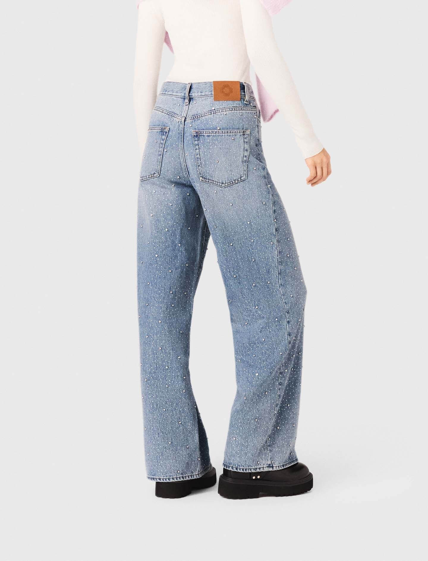 Wide-Leg All-Over Rhinestone Jeans BLUE