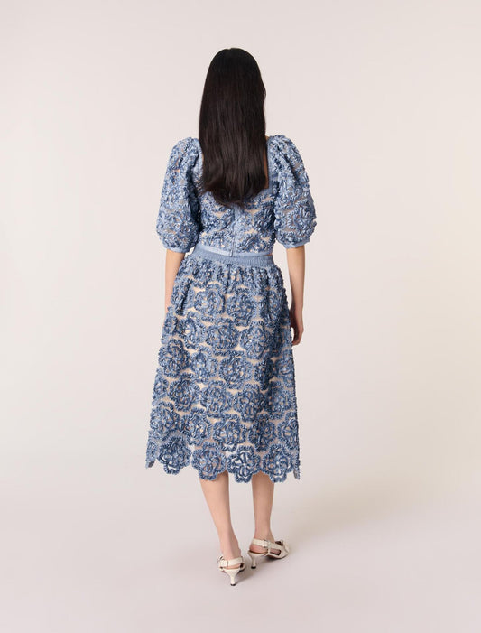 Blue-Floral organza maxi skirt