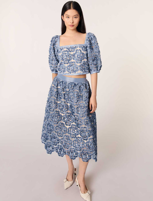 Blue-Floral organza maxi skirt