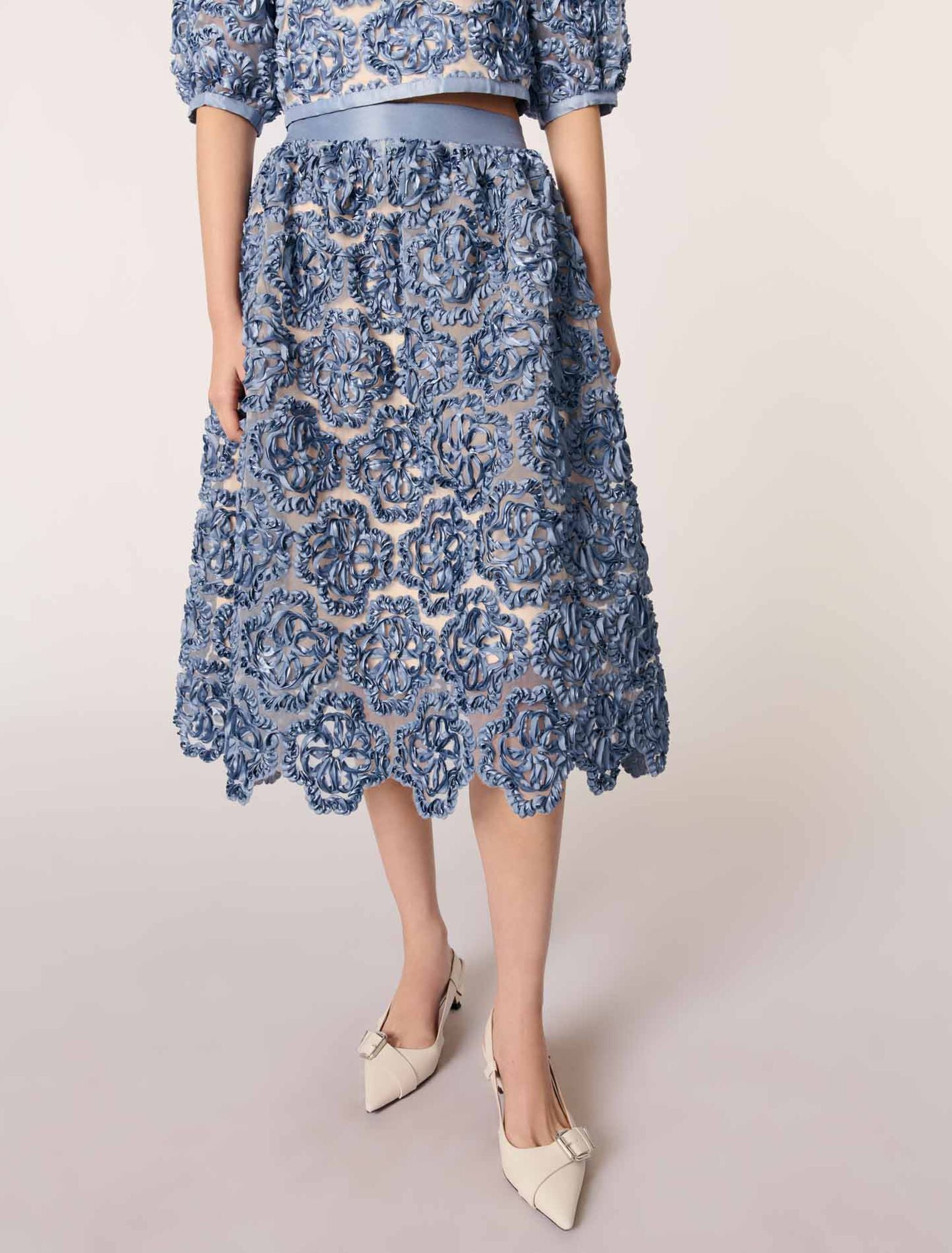Blue-Floral organza maxi skirt