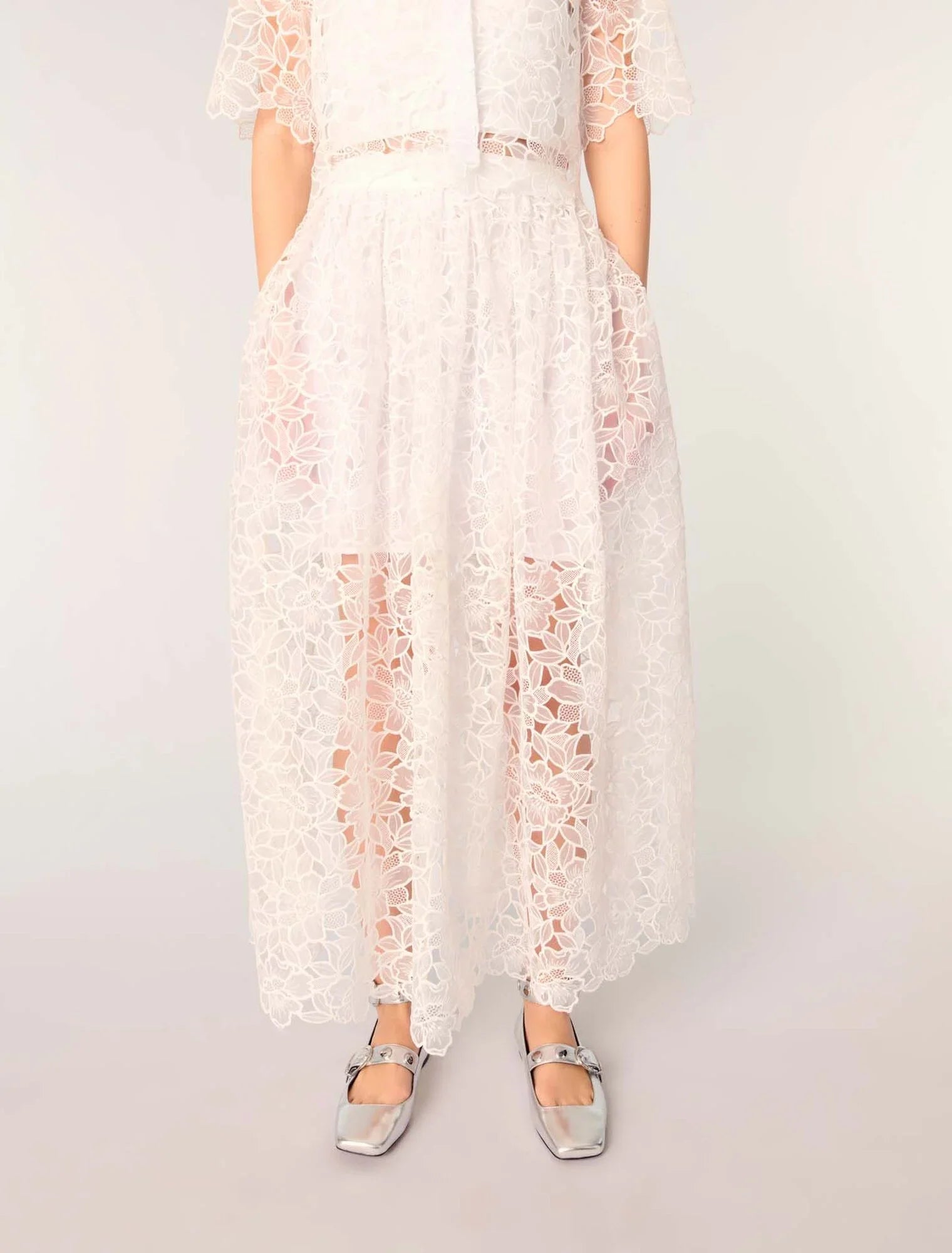 White-Floral Guipure Maxi Skirt