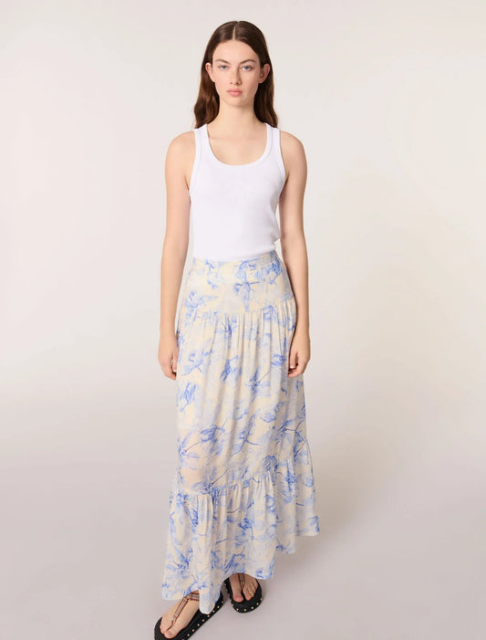 Blue Flower Print Ecru Base-Floral Maxi Skirt