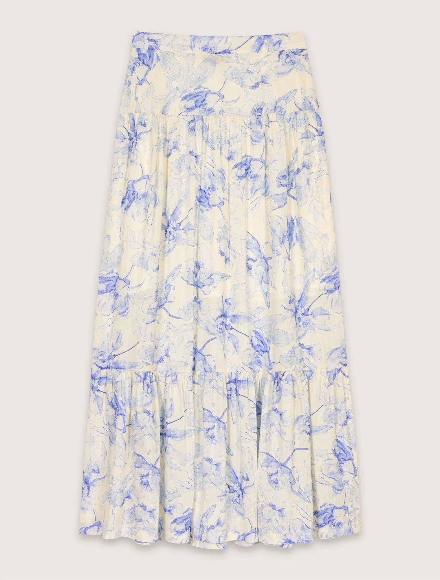 Blue Flower Print Ecru Base-Floral Maxi Skirt