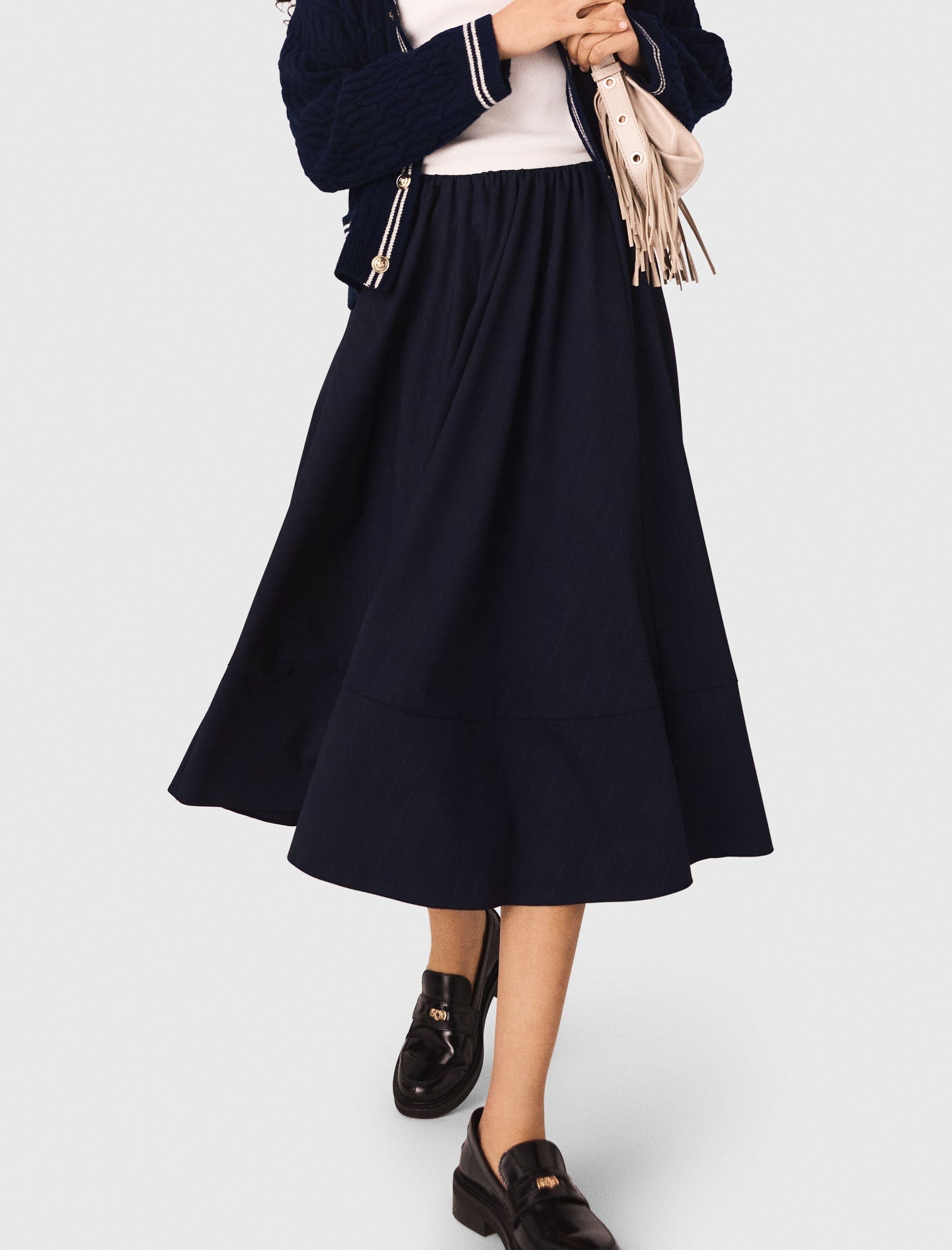 Striped Tailored Midi Skirt NAVY
