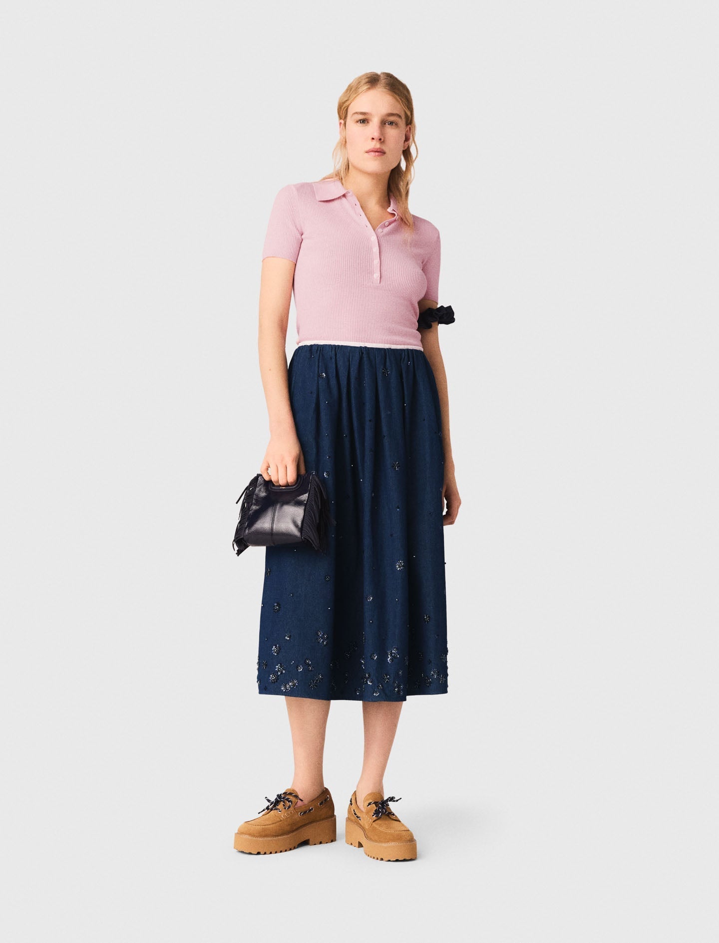 Embroidered Denim Midi Skirt NAVY