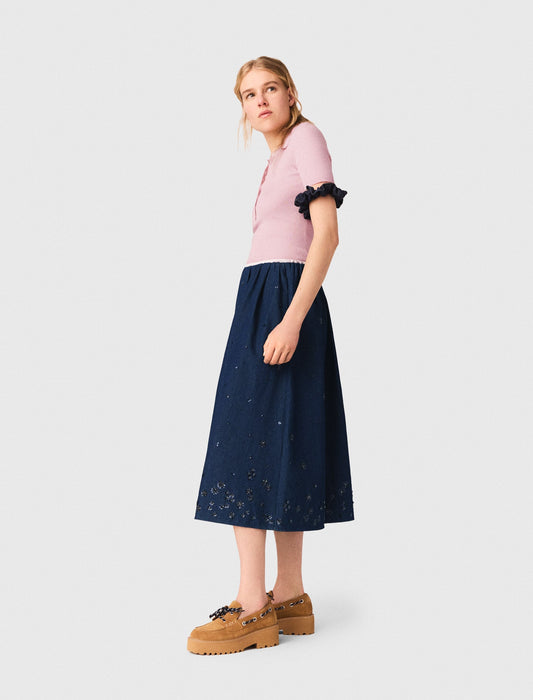 Embroidered Denim Midi Skirt NAVY