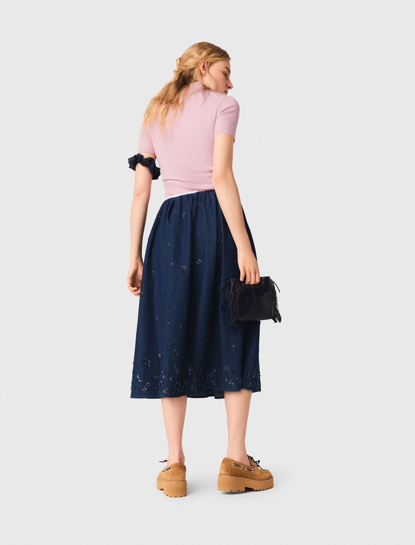 Embroidered Denim Midi Skirt NAVY