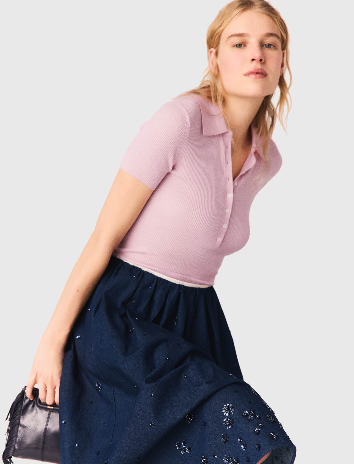 Embroidered Denim Midi Skirt NAVY
