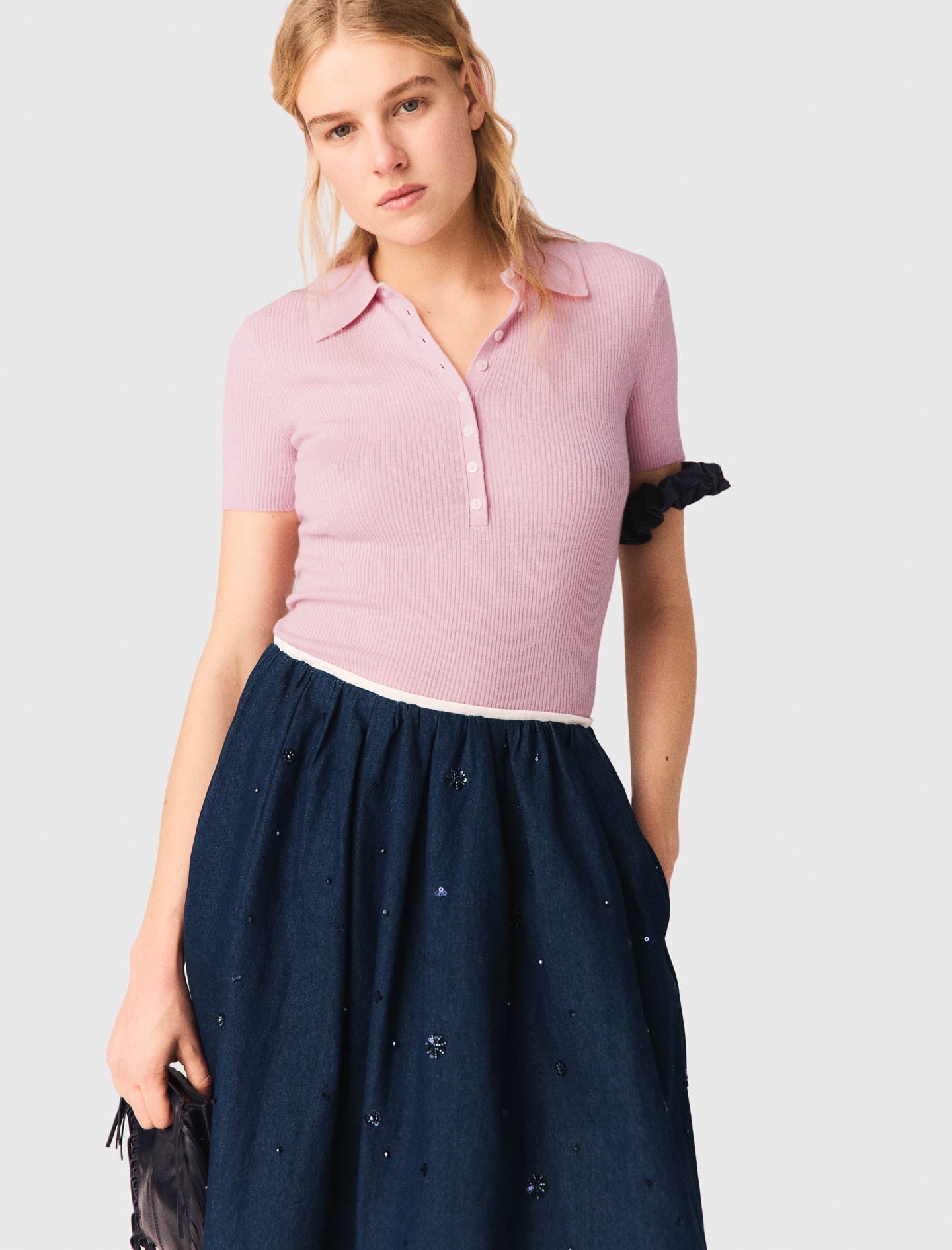 Embroidered Denim Midi Skirt NAVY